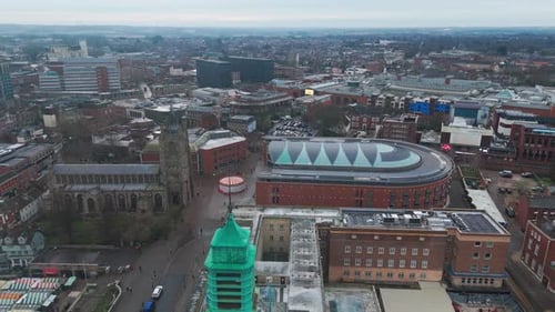 Aerial view of historic Norwich city center showcasing architecture and cultural landmarks