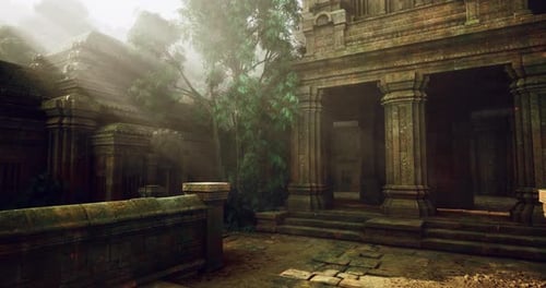 Ancient Stone Temple Ruins Enveloped By Lush Greenery at Dawn