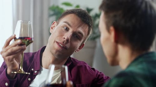 Two Young Men Toasting Wine Glasses at Home