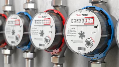 Row of water meters. 3d looped video animation