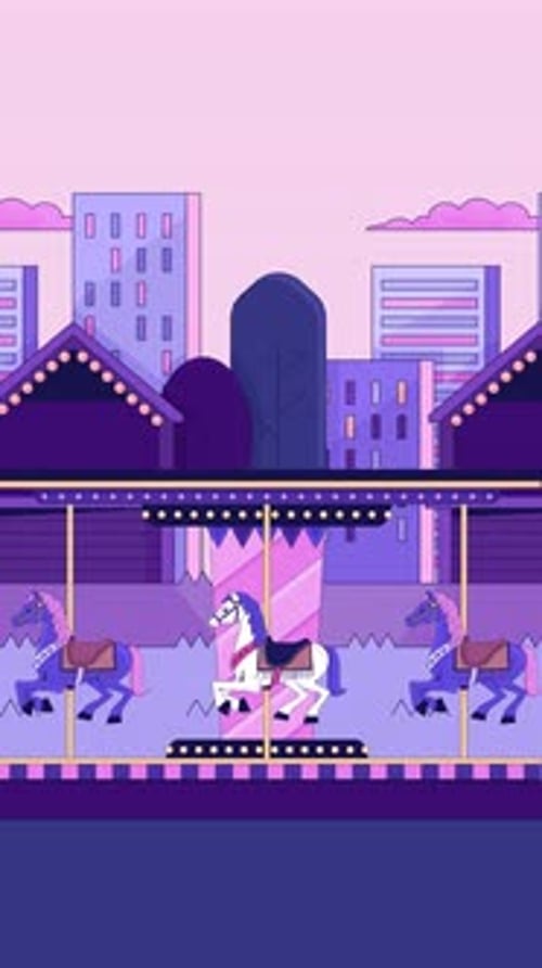 Vintage carousel horses spinning in urban park lofi vertical animation
