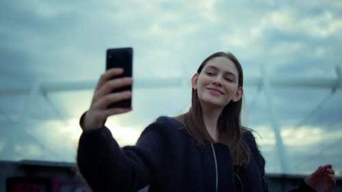 Smiling Woman Taking Selfie Photo On Smartphone In Modern City, Happy Woman Blogger Using Mobile ...