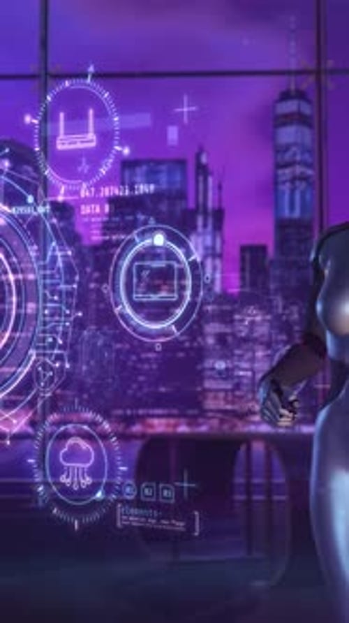 AI Robot Interacting with Futuristic Holographic Interface and Data Display