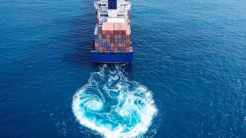 Buque portacontenedores cargado de gran tamaño navega lentamente