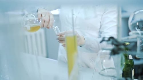 Woman Scientist Pours Liquid into Test Tube in Lab