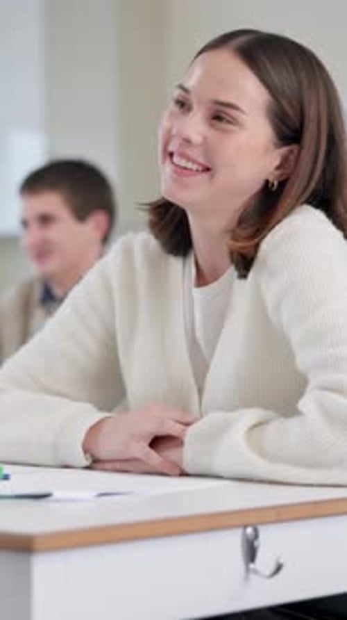 Smiling Student at School Desk in Classroom