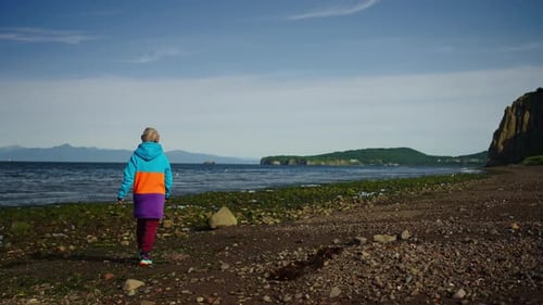 Female Figure In Natural Landscape Back View Woman Traveler Admiring Natural Landmarks In Island