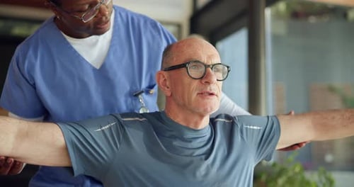 Old man, consultation and stretching with nurse, nursing home or physical therapy