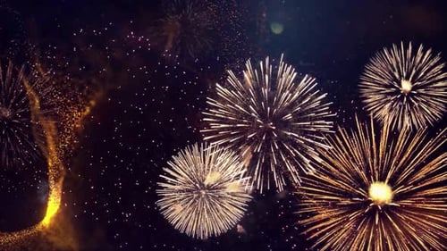 Gold Fireworks Display Exploding with Glittering Sparkles