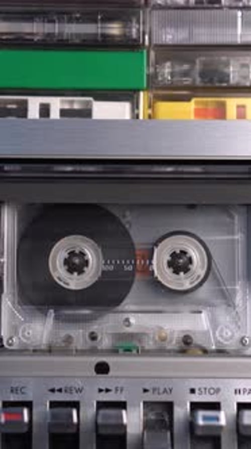 Vertical View of Audio Cassette Tape Playing in Deck With Bunch of Cassettes on Top, Vintage Recordi