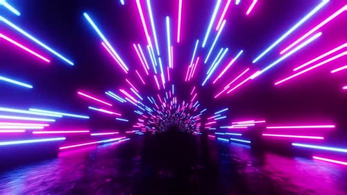 Neon lights speed through dark tunnel in modern abstract video