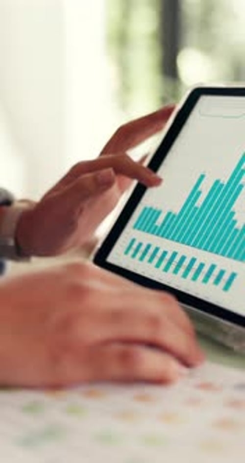 Tablet screen, hands and scroll in office with chart, statistics and results for finance in sales