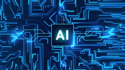Circuit board with moving electrons and artificial intelligence AI. Data flow on a motherboard.