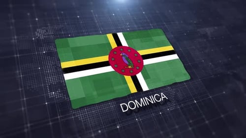 Dominica Flag Waving on Digital World Map Background