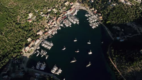 Summer Luxury Modern Boat Trip View From Above of White Boat on Deep Blue Water