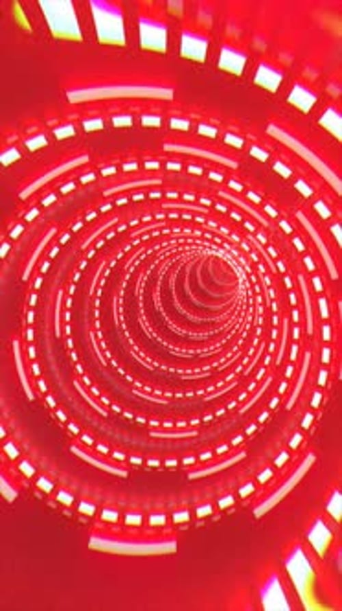 Spiraling red digital tunnel with glowing blocks forming a hypnotic futuristic vortex pattern