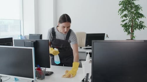 Woman Cleaning Desk In Office