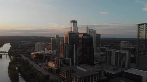 Aerial Drone Shot of Downtown Austin Texas, showing new buildings being constructed. During the Covi