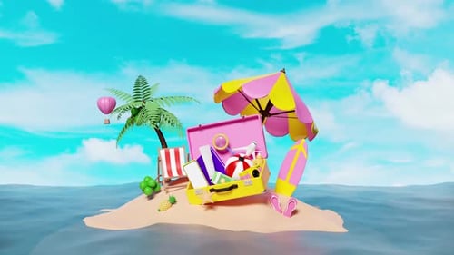 Cartoon Tropical Island with Beach Items