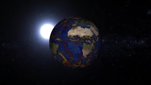 Rotating Earth with Sun in Starry Space Background