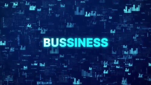 Texto de negócios sobre fundo financeiro animado com gráficos, números e códigos matriciais