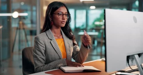 Creative, thinking and woman with computer, notes and planning for blog post