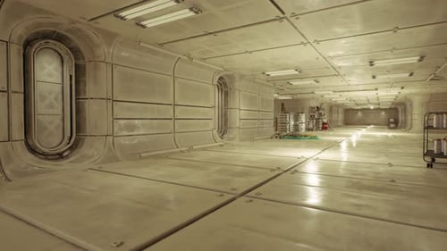 Voie d'approvisionnement bordée d'étagères compartimentées et d'une lumière de sortie brillante