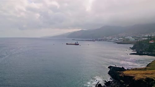 Panorama Boat Drifting Cloudy Marine Horizon Aerial View Large Ship Anchored