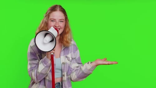 Young Woman Promotes Product With Megaphone