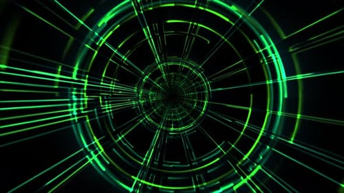Going through abstract green structure in a shape of digital tunnel made of glowing neon lines