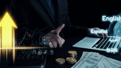 Business Professional Working on Cost Reduction Strategy with Financial Charts and Currency on a Dar