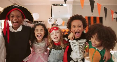 Halloween, kids and shout with face in costume party for celebration, bonding