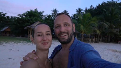Happy Couple Taking Photos, Recording Video on Beach, Super 240