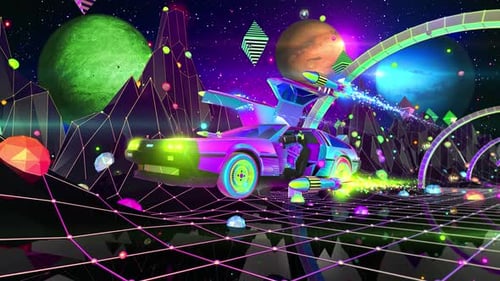 Vibrant Retro Futuristic Car Navigating a Neon Space Grid