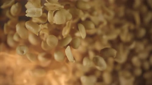 Crispy Roasted Salted Peanuts Falling in Super Slow Motion Close Up Hot Fried Peanuts Snacks with