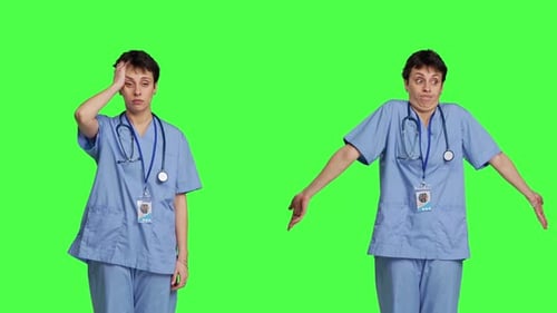 Medical Assistant Having a Headache and Doing Confusion Symbol