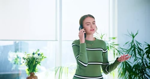 Office, creative agency and businesswoman with phone call for conversation