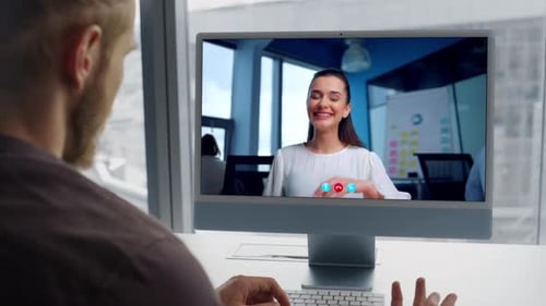 Office Teammates Video Calling By Computer Closeup Businessman Talking Online