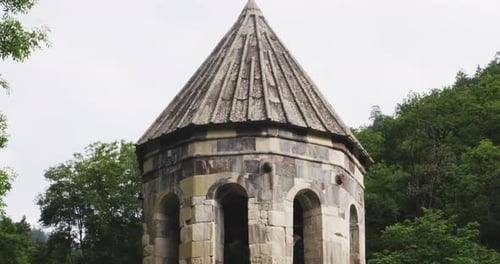 Mtsvane monastery church bell tower with holy cross on top, Georgia.