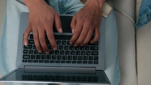 Top View From Above Male Hands Typing Laptop Moving Shot Female Chatting with Computer Two