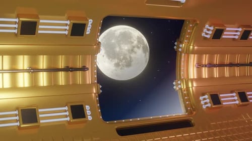 Futuristic Spaceship Window View of Moon and Stars