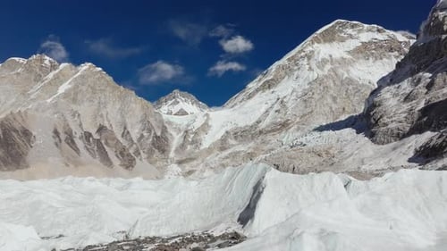 Aerial View of a Majestic Glacier Valley in the Himalayas Showcasing Snowcapped Mountains and Rugged