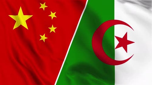 China and Algeria National Flags Waving Loop