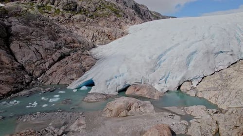 Drone Approaching The Gigantic Nigardsbreen Glacier In Norway