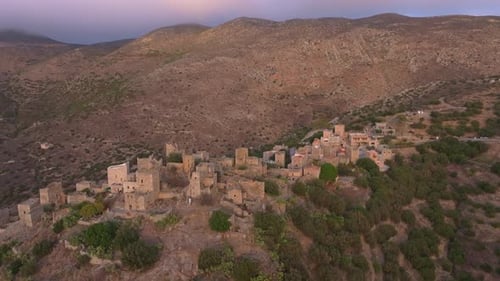Aerial view of abandoned village at sunset, Greece.