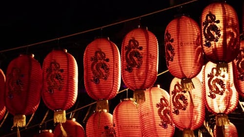 Glowing Red Chinese New Year Lanterns at Night