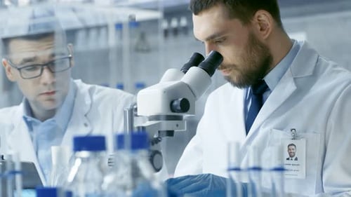 Scientists Working with Microscope in Modern Laboratory