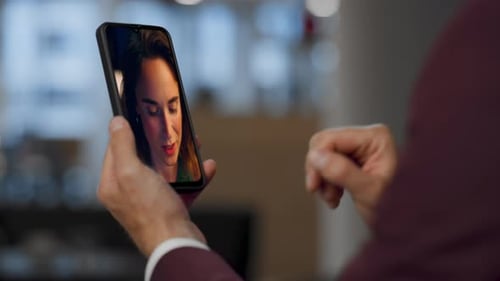 Businessman Making Cellphone Video Chat By Internet Connection Office Close Up