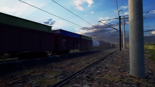 3D Freight Train Moving Through Rural Landscape