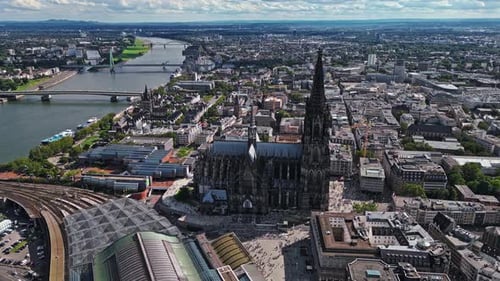 Historic Roman Catholic cathedral church, located in Cologne city. Aerial